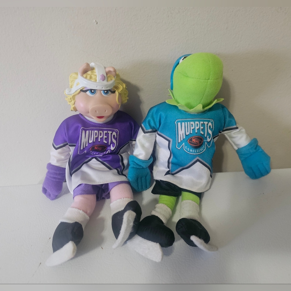 Vintage 1990s McDonalds NHL Hockey Kermit and Miss Piggie Muppets Plush Doll 11”